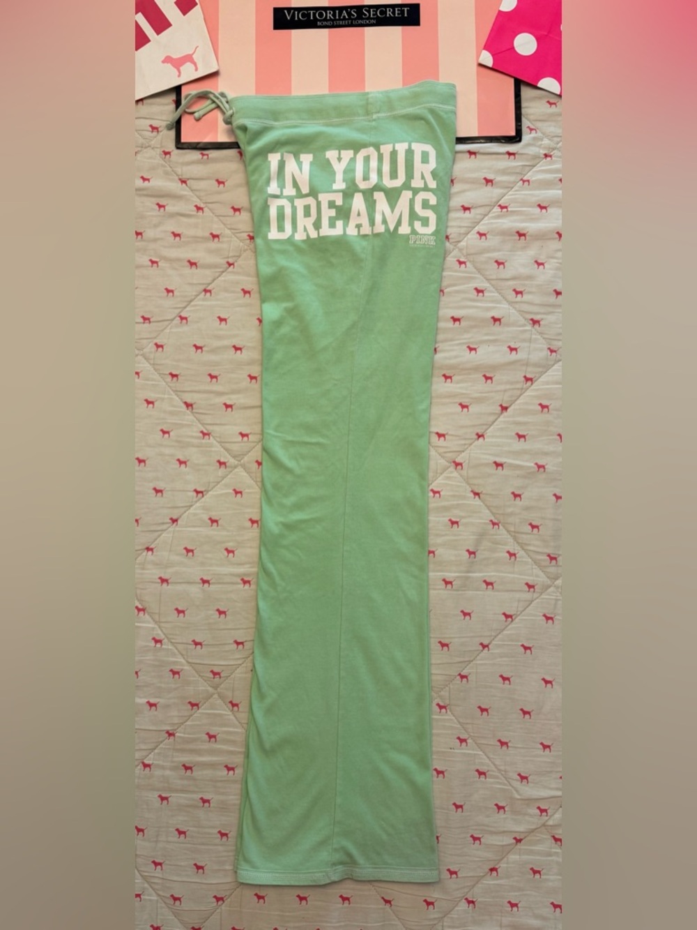 VS PINK VINTAGE Y2K FLARE SWEATPANTS MINT SEAFOAM GREEN IN YOUR DREAMS DOG PUP M